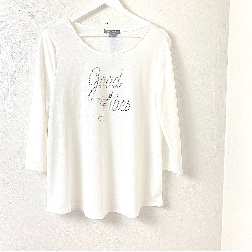 Robert Louis Good Vibes Top with Rhinestones.  White.  Sz M.